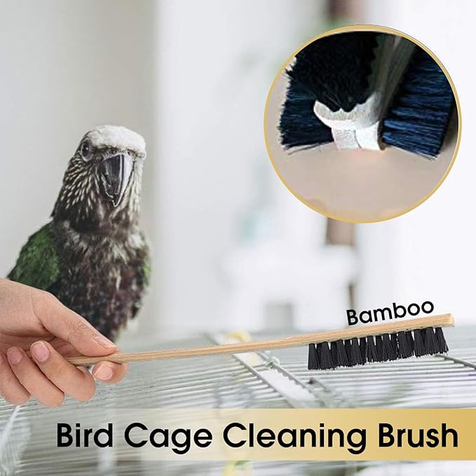 QBLEEV 3 Pack Bird Cage Brush, Wooden & Stainless Steel Long Handle Bird Cage Cleaner Brush, Poop Off Bird Cage Cleaning Brushes, Bird Cage Scraper Parrot Poop Remover Accessory