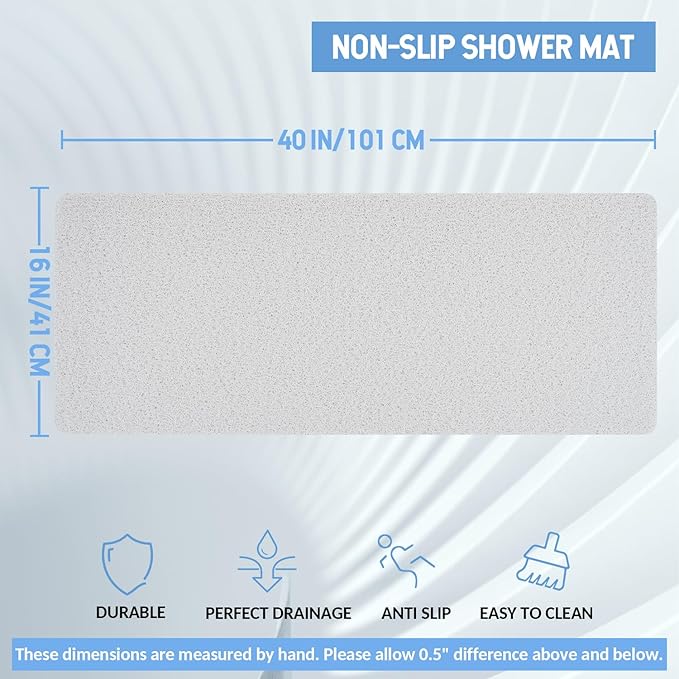 Non-Slip Bathtub Mat, Anti Slip Shower Mat, Fast Drying Bathtub Mats, Foot Scrubber Mat, Anti Slip Mat for Tub, Floor, Bathroom, Kitchen, Home, Hotel (White 40"×16")