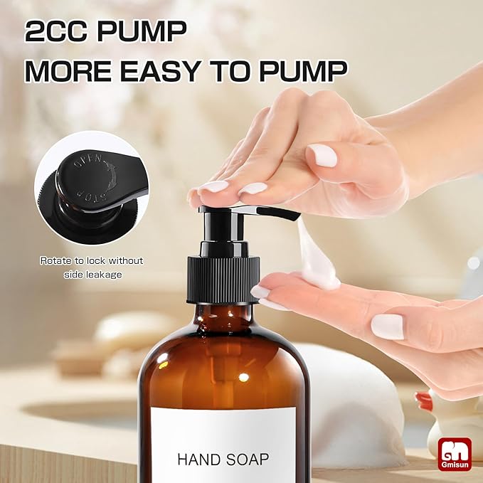 GMISUN Amber Glass Soap Dispenser, 2 Pack Bathroom Hand Soap Dispensers with Stainless Steel Pump, 17 Fl Oz Kitchen Hand and Dish Soap Dispenser Set, Modern Vintage Liquid Brown Soap Dispensers Bottle