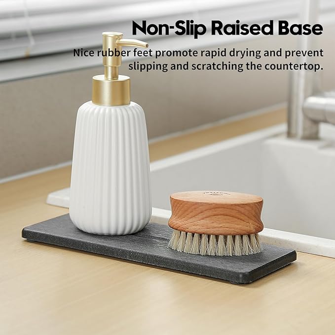 2 Pack Diatomite Stone Sink Tray, Water Absorbing Mat for Kitchen & Bathroom Counter, Quick Dry Soap Dish Makeup Vanity Caddy,Sponge Holder Organizer, Dark Gray - 2pcs of 9"x 3.5"