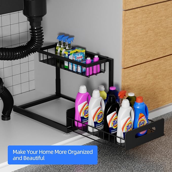2-Tier Under Sink Slide Out Organizer, Pull Out Cabinet Storage Shelf with Sliding Wire Basket Drawer for Bathroom Kitchen, Countertop or Pantry Shelf, Black