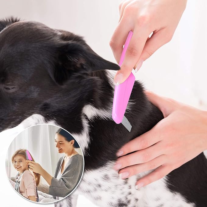 Flea Comb For Dogs & Cats Pet Comb Grooming Set 5 Pieces Metal Teeth Durable Remove Tear Stain Float Hair Combing tangled hair Dandruff Add Storage Pouch (pink)