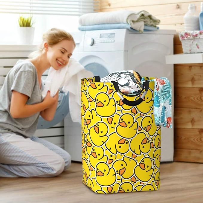 Cute Rubber Ducks Large Laundry Hamper Bag With Waterproof Liner - Cartoon Ducky Laundry Basket Foldable Clothes Storage Organizer For Bathroom Bedroom Nursery Dorm