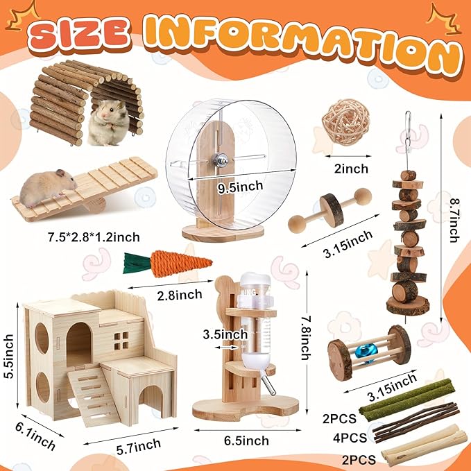18 Pcs Hamster Cage Accessories, Silent Hamster Wheel, 15 Chew Toys Set, Maze Wood House and Water Bottle Set for Rat Mice Small Animals Habitat (Fun Interactive Style)
