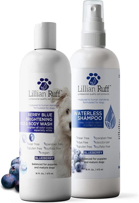 Lillian Ruff PRO Formula Berry Blue Brightening Dog Shampoo + Blueberry Waterless Dog Shampoo - Professional Whitening, Tear Stain Remover & No-Rinse Hydrating Odor Control, Aloe+Coconut Oil, USA Made
