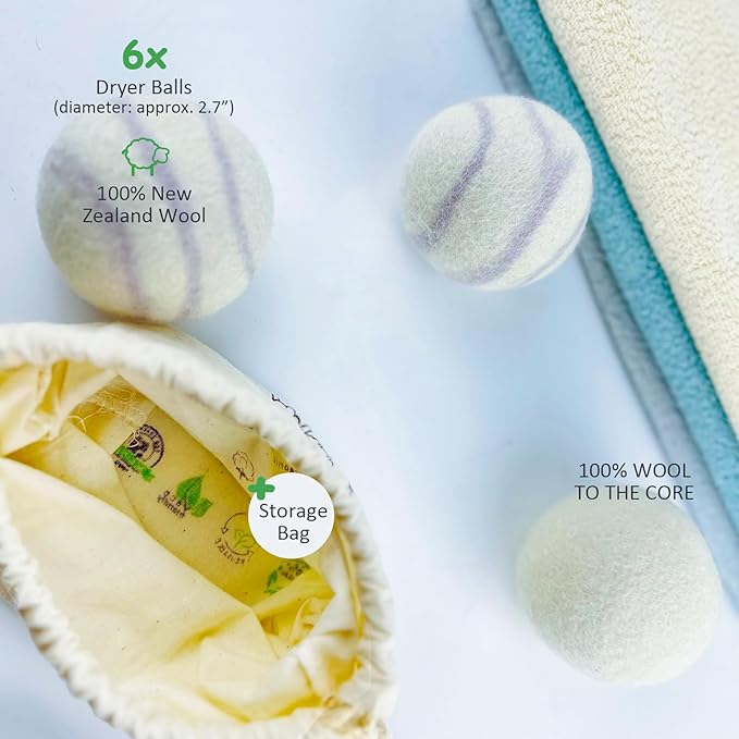 Wool Dryer Balls Laundry Reusable, 100% Natural New Zealand Wool Balls for Dryer, 6 in 1 Pack (Grey Stripe)