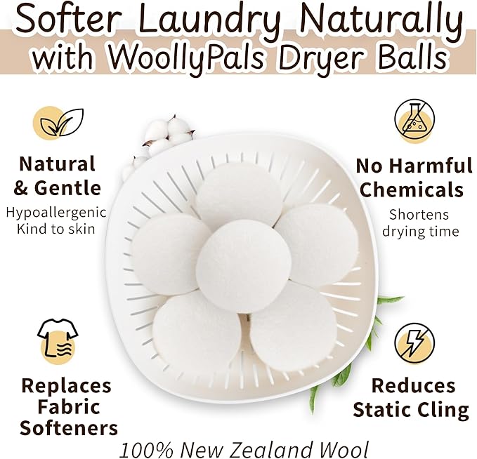 WoollyPals Dryer Balls (6-Pack, XL Size) - 100% New Zealand Wool - No More Dryer Sheets - Eco Dryer Balls - Reusable - Softens Laundry - Reduces Drying Time & Static - with Storage Bag (Plain White)