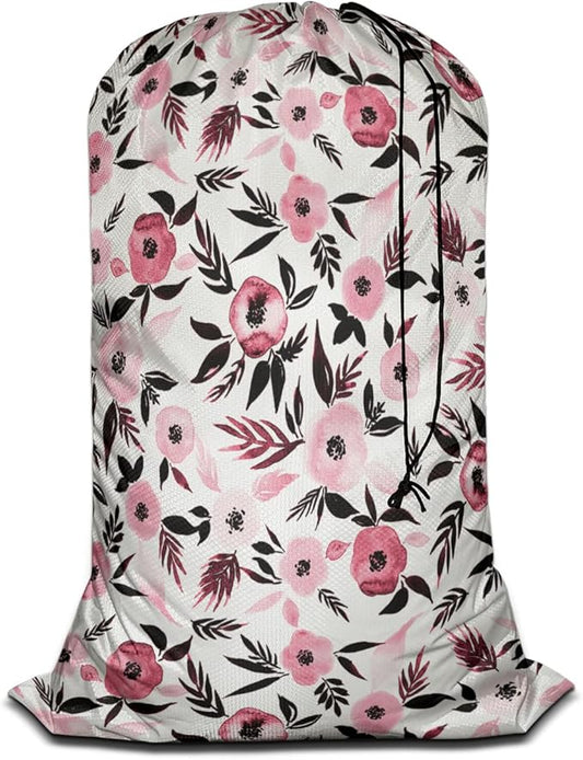 Swono Watercolor Sketch Poppy Large Laundry Bag Washable Large Dirty Clothes, Leaf Repeating Pattern Drawstring Organizer Bag, Fit Hamper Basket Camp Travel Home Dorm, Pink Black