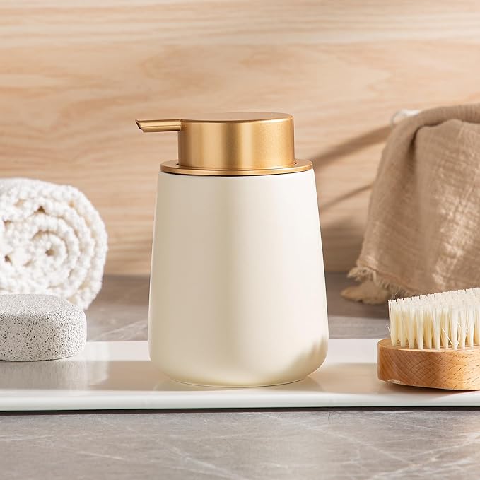 Enra Foaming Soap Dispenser,12 oz BModern Foam Soap Dispenser with Glod Pump for Bathroom,Kitchen with Easy-to-Press Pump (Beige Poam Gold Pump)