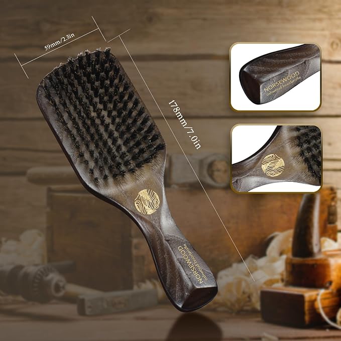 Boar Bristle Brush for Shine and Texture - Stiff Bristles for Medium Hair/Beards, Cleaning Brush Included