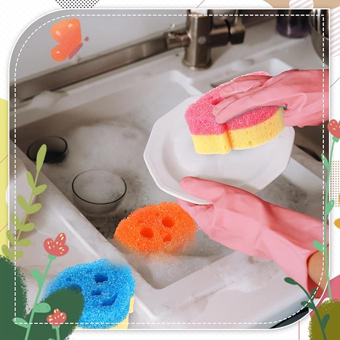 6 Pcs Dog Dual Sided Scrub Sponge Cleaning Sponges Cute Temperature Sensitive Dish Sponges for Washing Dishes Non Scratch Household Multi Use Sponges Scrubber for Kitchen, 3 Colors