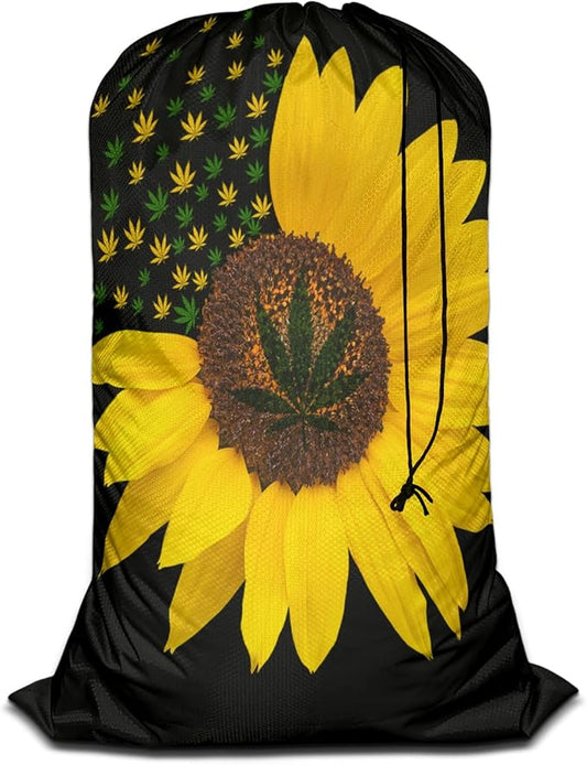 Swono Sunflower With Leaves Drawstring Portable Large Capacity Laundry Bags Summer Yellow Floral Blossom Travel Storage Bags for Apartments, Vacations, Home, 28x40 Inch