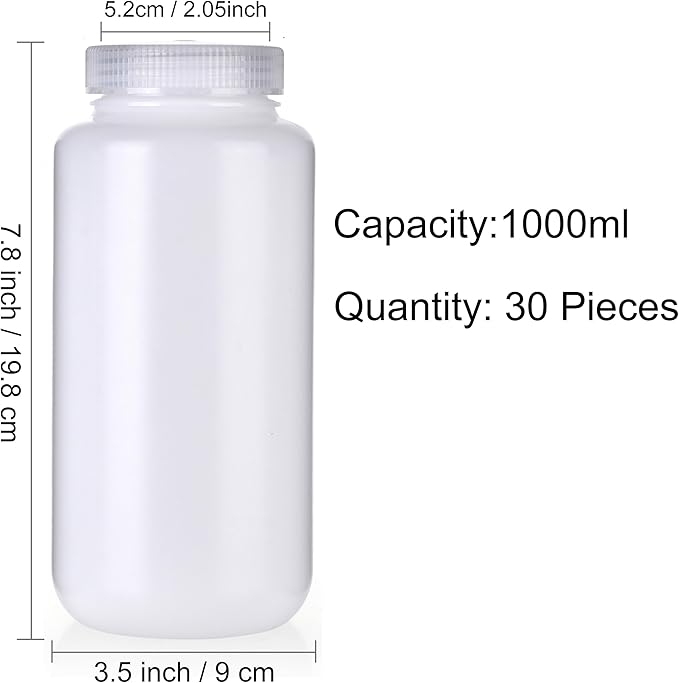 1000ml Plastic Reagent Bottle,Wide Mouth Reagent Bottle with Caps Designed for Laboratories,Classrooms (Nature，30 * 1000ML)