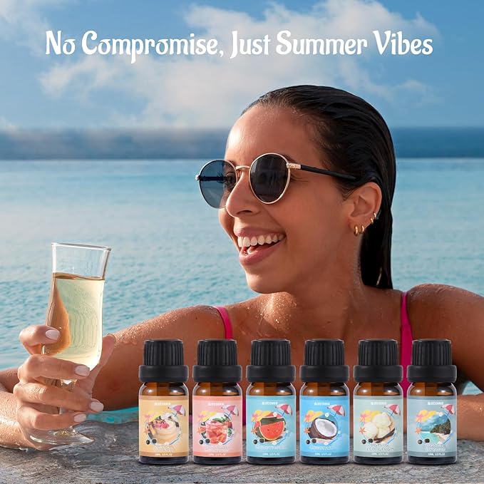 Summer Fragrance Oils Set, AVEOIRA Beach Essential Oil Set for Diffuser, Candle, Soap Making Scented Oils, Pina Colada, Strawberry Lemonade, Watermelon, Vanilla Ice Cream, Coconut, Ocean Breeze