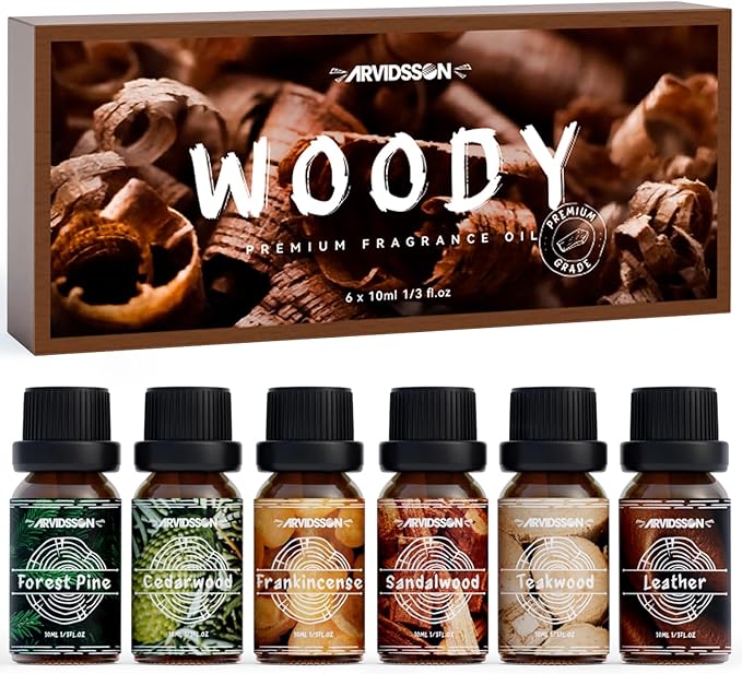 Woody Essential Oils Set, ARVIDSSON Woodsy Fragrance Oil for Candle Making, Sandalwood, Leather, Teakwood, Frankincense, Cedarwood, Pine, Diffuser Essential Oil for Men and Women