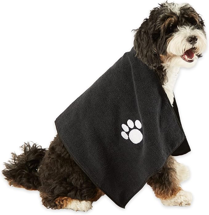 Bone Dry Pet Grooming Towel Collection Embroidered Absorbent Microfiber Drying Set, 15x30, Black, 3 Count