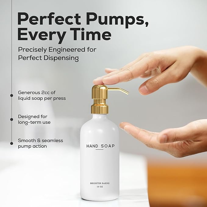 Luxury Glass Soap and Lotion Dispenser Set by Brighter Barns - Liquid Soap Dispenser Bathroom Set - White and Gold Bathroom Accessories for Vacation Rental, Airbnb, Hotel, Wedding Gift (Gold)