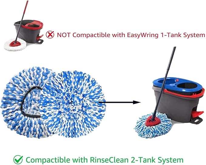 2 Pack Mop Replace Heads Compatible for OCeda, Spin Mop Refill Head Replacement for RinseClean 2-Tank System - Fluffy Microfiber, Machine Washable and Easy to Replace