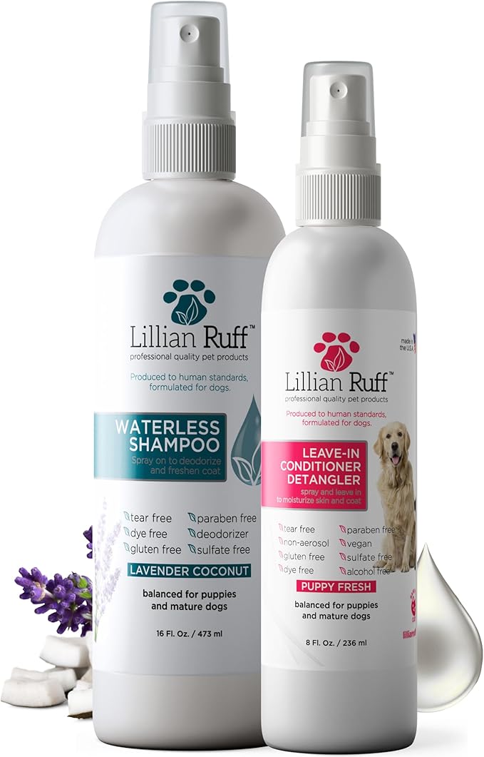 Lillian Ruff Waterless No-Rinse Dog Dry Shampoo Spray & Leave-in Dog Conditioner & Detangler - pH-Balanced for Dogs After-Bath No Rinse Hydrating Spray Set- Clean, Condition, Detangle & Deodorize