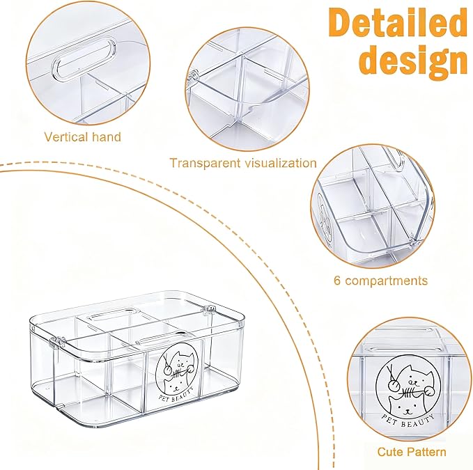 Clear Dog Storage Organizer,Pet Grooming Supplies Organizer with Handle,5 compartments Countertop Caddy, Storage Bin for Dog Cat Grooming Kit,Trimmer,Clipper,Combo,Brush