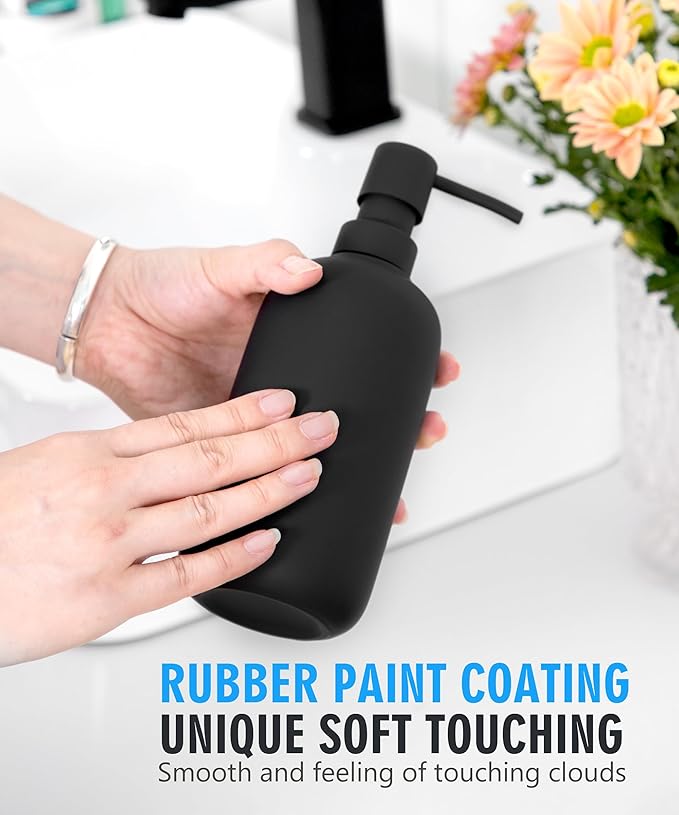 Ceramic Soap Dispenser - Elegant Hand Soap Pump with 4 Labels (Soap, Dishes, Lotion, Hands) - Durable & Stylish Ceramic Design for Kitchen & Bathroom, Refillable Liquid Soap dispenser (Black)