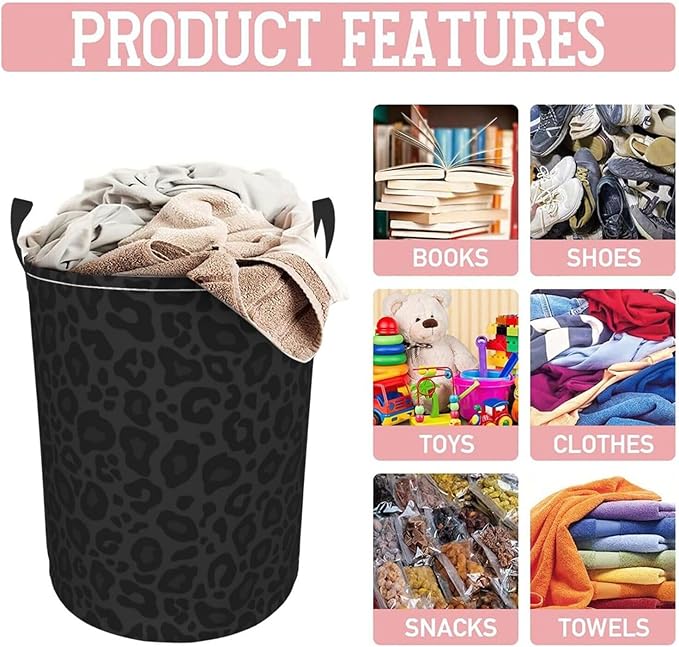 Black Leopard Print Laundry Hamper Bag With Waterproof Liner - Round Laundry Basket Foldable Clothes Storage Organizer For Bathroom Bedroom Nursery Dorm, M-19.6"X 15.7"