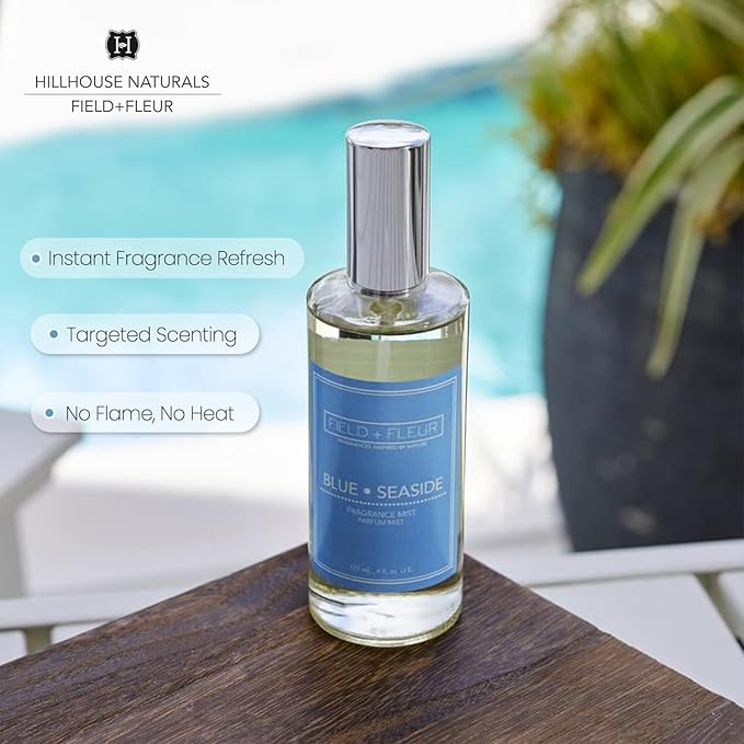FIELD FLEUR Natural Room and Linen Spray, Non-Toxic Fragrance Mist With Tangy citrus, marine, ripe coconut, musk, & spicy sandalwood – Long-Lasting Room Spray for Home– Made in USA, 4oz – Blue Seaside