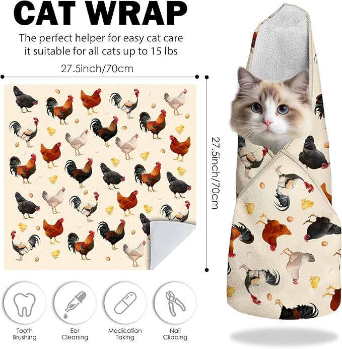 27.6" Cat Grooming Wrap, Self Adhesive Cat Wrap for Cutting Nails, Anti-Escape Cat Swaddle Wrap for Medicine Ear Cleaning, Chicken Anti-Scratch Cats Burrito Restraint Blanket, Pet Tool (6-10 lbs)