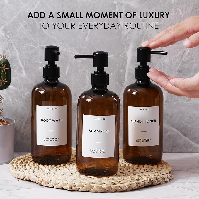 HOMCDALY Shampoo and Conditioner Dispenser, 21oz 3-Pack Refillable Shampoo and Conditioner Bottles, Shower Soap Bottles with Pump and Labels, Bathroom Shower Dispenser（21oz-Brown）