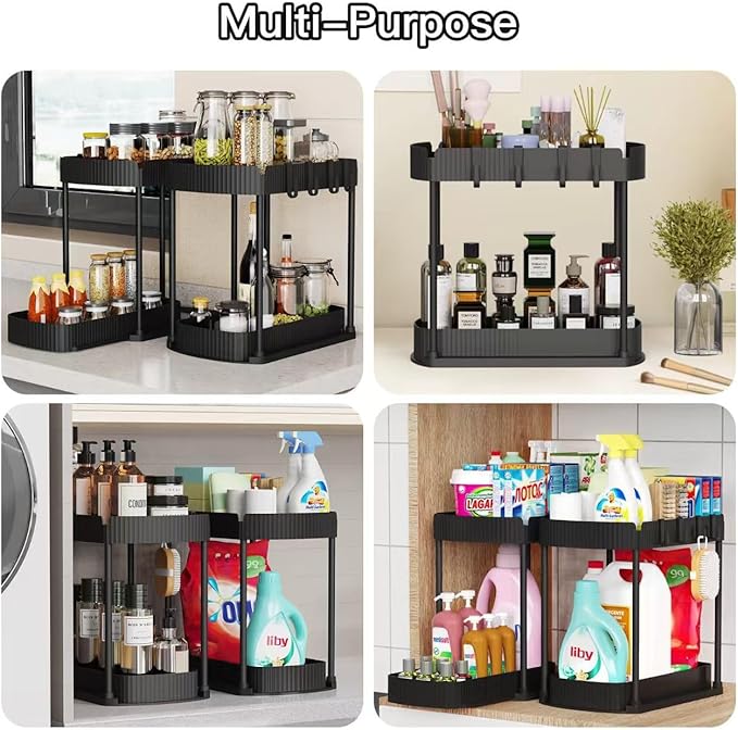Ukeetap 2 Pack Multi-Purpose Pull-Out Storage Organizers, Under Sink & Cabinet Storage, 12.8 Inch, White (黑色)