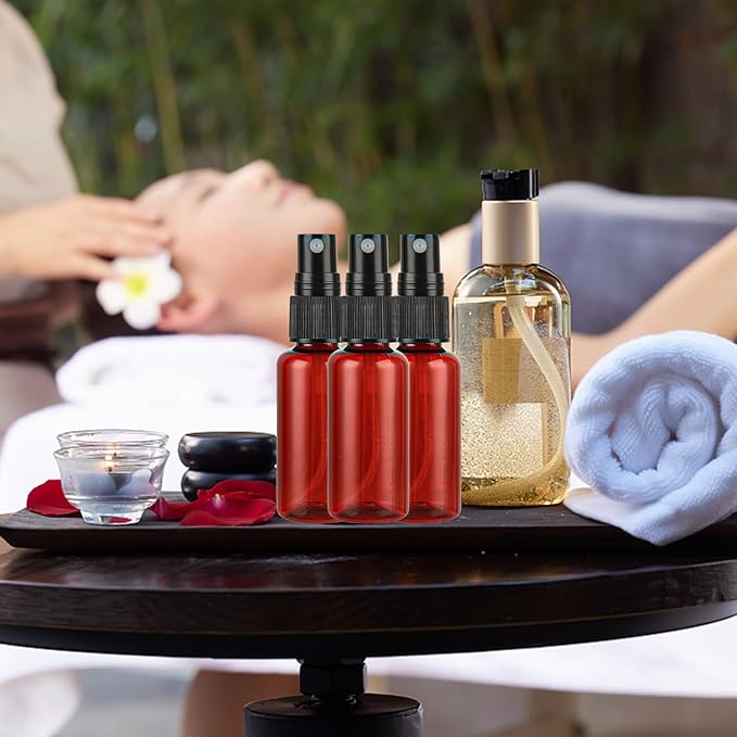 60PCS 1 oz Plastic Amber Spray Bottle, Empty Small Amber Spray Bottle with Sticker and Funnel, Refillable Mini Mister Spray Bottle for Essential Oils, Bath & Cleaning