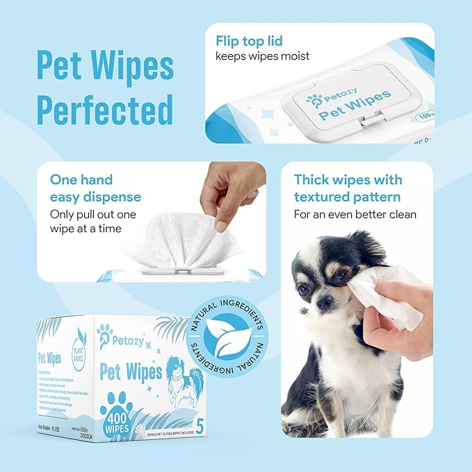 400 Dog Wipes for Paws and Butt Ears Eyes | XL 8x8 Organic Pet Wipes for Dogs | Unscented Dog Wipes Cleaning Deodorizing | Extra Thick Paw Wipes for Dogs Cats Pets | Bonus Glove Wipes Included
