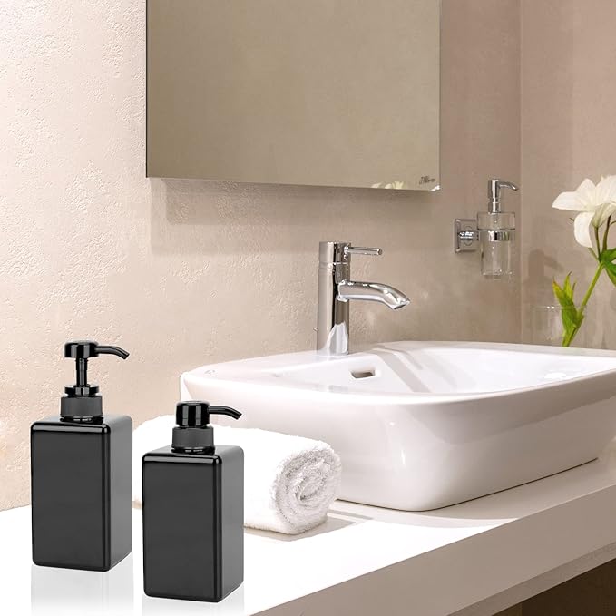 Suream Plastic Shampoo Bottles with Pump 15oz/450ml, Black Bathroom Shampoo and Conditioner Dispenser, Refillable Reusable Empty Pump Press Bottle for Shower, Massage Oil, Lotion, Liquid Soap, 3Pack