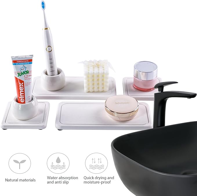 2 Pcs Water Absorbing Stone Trays, Kitchen/Bathroom Sink Soap Dish, Diatomite Tray Used for Hand Soap & Cosmetic Bottles in The Modern Home, 4" W x 8.3" L, White