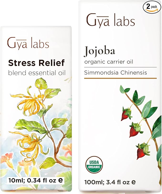 Stress Relief Oil Essential Oils Blend for Diffuser (10ml) & Jojoba Oil for Hair (100ml) Set - Aromatherapy Grade Essential Oils Set - Gya Labs