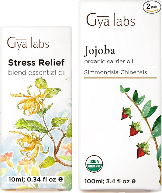 Stress Relief Oil Essential Oils Blend for Diffuser (10ml) & Jojoba Oil for Hair (100ml) Set - Aromatherapy Grade Essential Oils Set - Gya Labs
