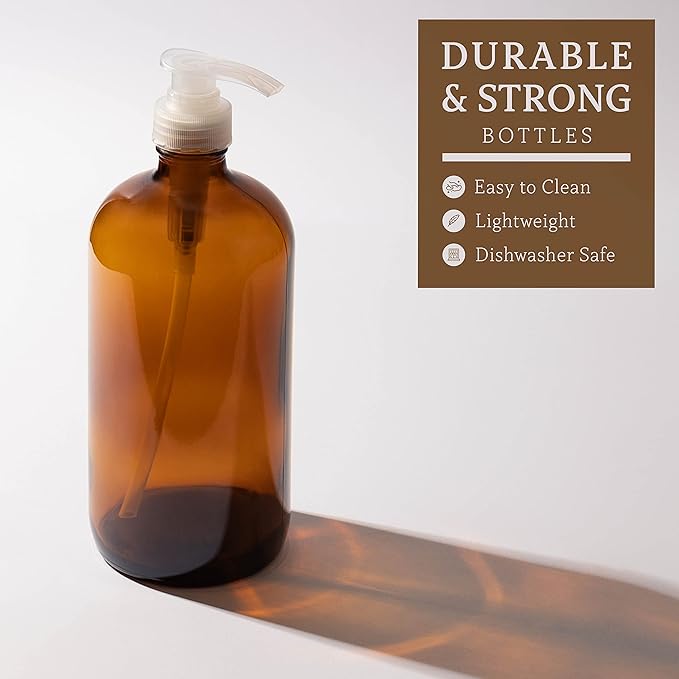 kitchentoolz 32 Ounce Large Amber Glass Boston Round Bottles w/Natural Color Pumps. Great for Lotions, Soaps, Laundry Detergent and Essential Oils - Food Safe and Medical Grade (Pack of 2)
