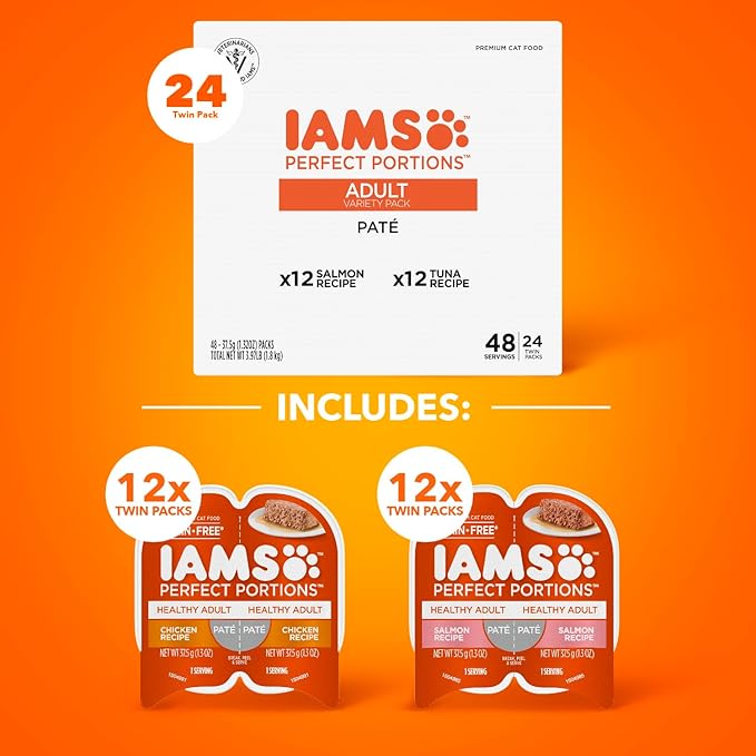 IAMS Perfect Portions Healthy Adult Wet Cat Food Pate, Chicken and Salmon Recipe Variety Pack, 2.6 oz. Twin-Pack Trays (24 Count, 48 Servings)