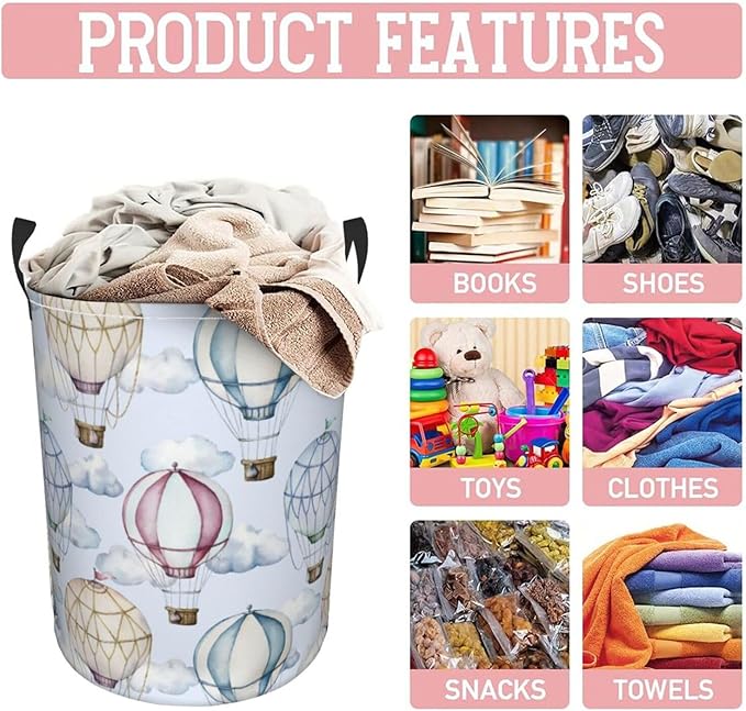 Watercolor Hot Air Balloons And Clouds Laundry Hamper Bag With Waterproof Liner - Round Laundry Basket Foldable Clothes Storage Organizer For Bathroom Bedroom Nursery Dorm, M-19.6"X 15.7"
