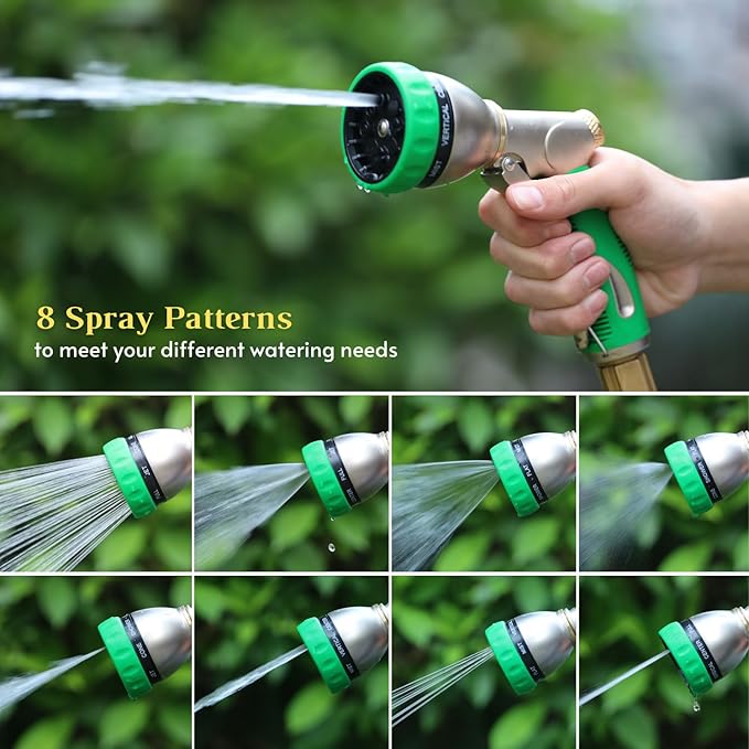 HOSUN Garden Hose Nozzle Sprayer Heavy Duty, 100% Metal Water Hose Nozzle with 8 Spray Patterns, High Pressure Hose Spray Nozzle with Non-Slip Grip for Watering Plant & Lawn, Washing Car & Pet, Green