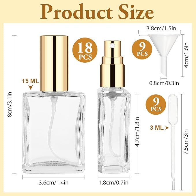 18Pcs Clear Perfume Spray Bottles,15ml Glass Perfume Atomizer,Empty Fine Mist Atomizer Sprayer, Portable Perfume Bottle with 9Droppers9 Funnels,Refillable Perfume Container for Travel(Gold)