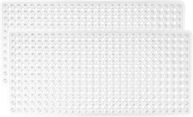 GORILLA GRIP Patented Bath Tub Shower Mat, 2 Pack, Machine Washable Bathtub Floor Liner Mats, Suction Cups and Drain Holes to Keep Tubs Clean, Soft on Feet, Bathroom Essentials, 35x16 Inch, Clear