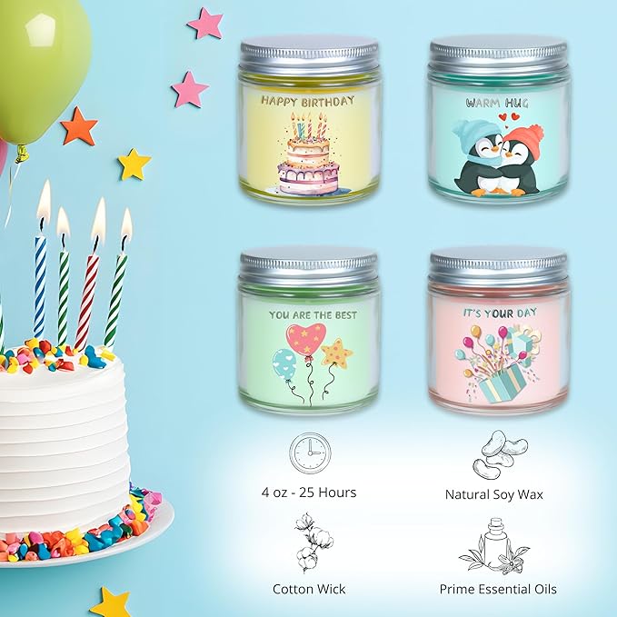 Luina Birthday Candle Gift Set, 4 Pack Natural Soy Wax Candles in Glass Jars, Relaxing Aromatherapy Candles for Women and Mom, Stress Relief and Birthday Presents