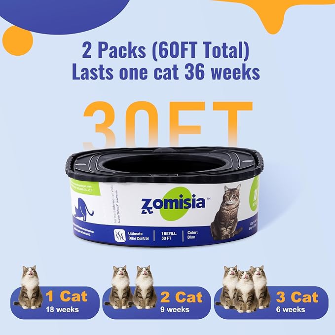 2 Pack Cat Litter Refill Bags, Non-See-Through Jumbo 60FT Cartridge Refill Total Up to 36 Weeks (Over 8 Months) Per Cat for Odor Control, Compatible with Genie Standard, Plus