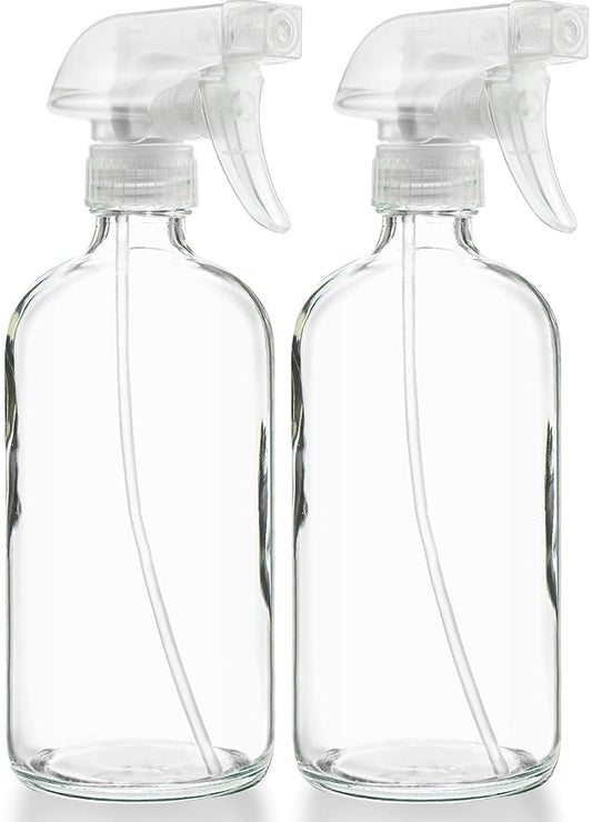 Sally's Organics® Empty Clear Glass Spray Bottles - Refillable 16 oz Containers for Essential Oils, Cleaning Products, Aromatherapy, Misting Plants, or Cooking - Sprayer with Mist and Stream - 2 Pack