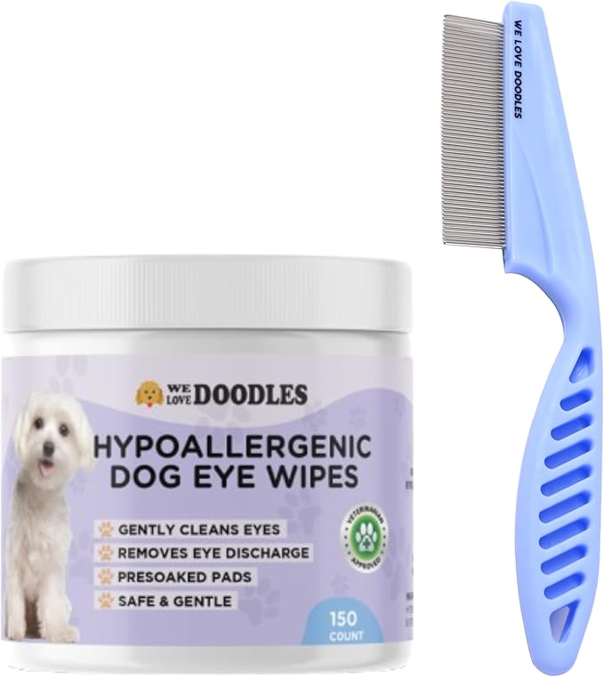 We Love Doodles Dog Eye Wipes & Dog Face Comb Bundle - Pre-Soaked Eye Wipes for Dogs, Tear Stain Remover for Dogs, Pet Eye Wipes, Dog Eye Cleaner, Flea Comb for Dogs, Fine Tooth, Removes Crust & Mucus