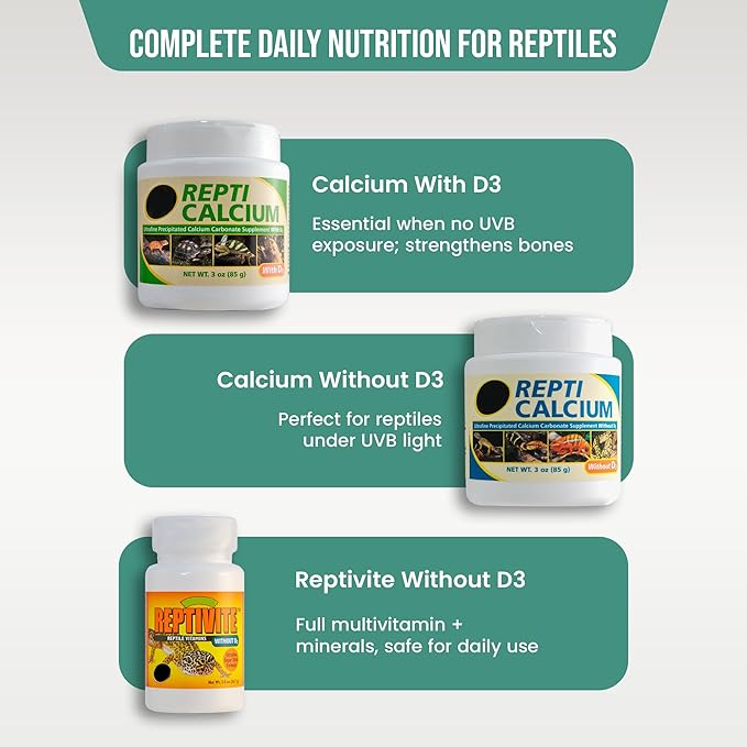 Repti Calcium with D3 (3 oz), Repti Calcium Without D3 (3 oz), and Reptivite Without D3 (2 oz) for Reptiles, Includes Trinity Treats Microfiber Cleaning Cloth