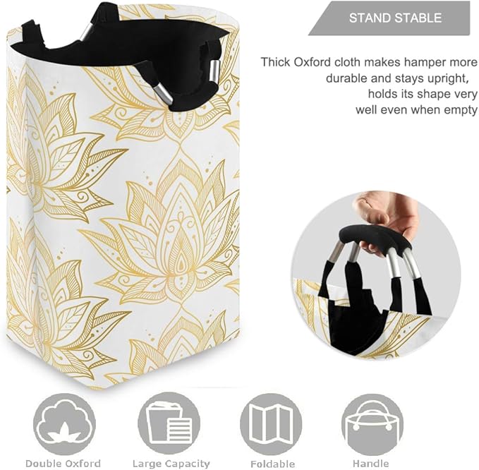 visesunny Collapsible Laundry Basket Gold Lotus Flower Large Laundry Hamper Oxford Fabric Dirty Clothes Toy Organizer with Handle For Bathroom Kids Room Dorm
