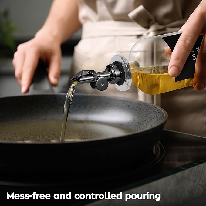 Olive Oil Dispenser Bottle - Includes 55 Kitchen Essential Labels - Cooking Oil Bottles for Kitchen, Coffee Syrup Dispenser - Pourer Spout with 11.8 fl oz Glass Container Cruet - 4pcs, Black