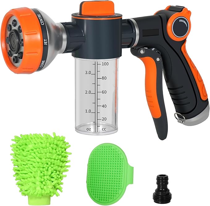 Kamirola Upgrade Dog Washing Hose Attachment,Dog Wash Supplies with 2 type Dog Bath Brush, Dog Comb and Toothbursh, 8 Way Spray Pattern Garden Hose Nozzle with Soap Dispenser, Car Washing Mitt